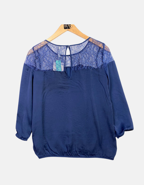 Navy Blue Lace Yoke Blouse with 3/4 Sleeves